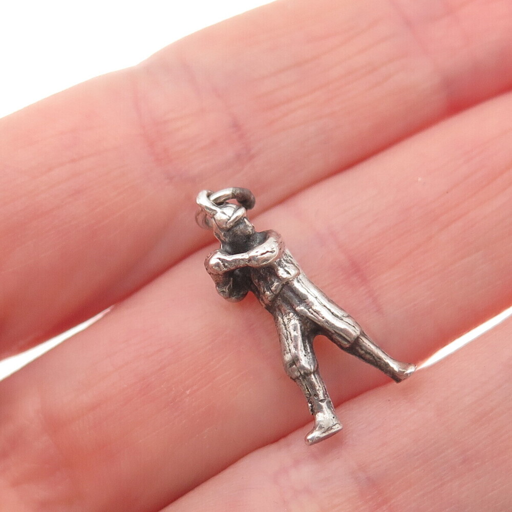 925 Sterling Silver Vintage Baseball Player Oxidized 3D Mini Charm Pendant